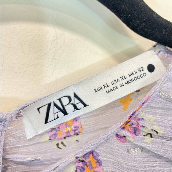 ZARA Purple Floral Ruched Long Sleeve Sheer Round Neck Invisible Back Zip XL - Picture 2 of 7